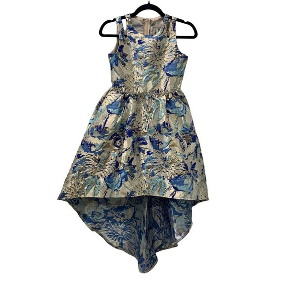 Rare Editions Other - Girls Holiday Dress High-Low Rare Editions Blue Gold Cream Floral Jeweled Waist